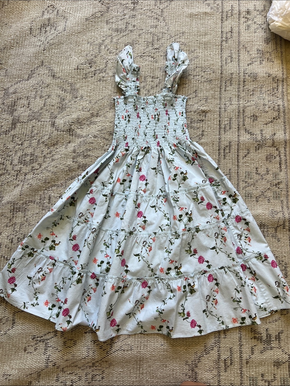 Hill House Kids Floral Pond Print Sundress in Light Blue with Pink Roses